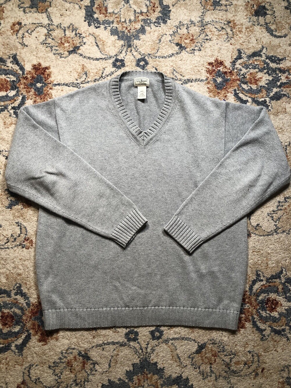 LL Bean V Neck Sweater Men’s Size Large Gray Knit Cotton Long Sleeve